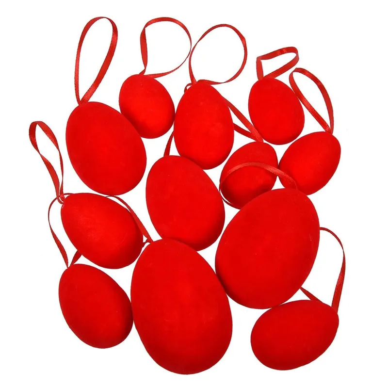 Oua Decorative de Paste Rosii Catifelate, 12 buc, 4-7 cm
