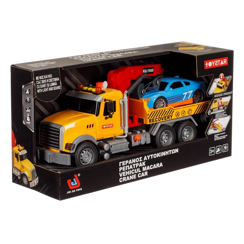 Camion Macara cu Platforma si Masina, Lumini si Sunete, Galben