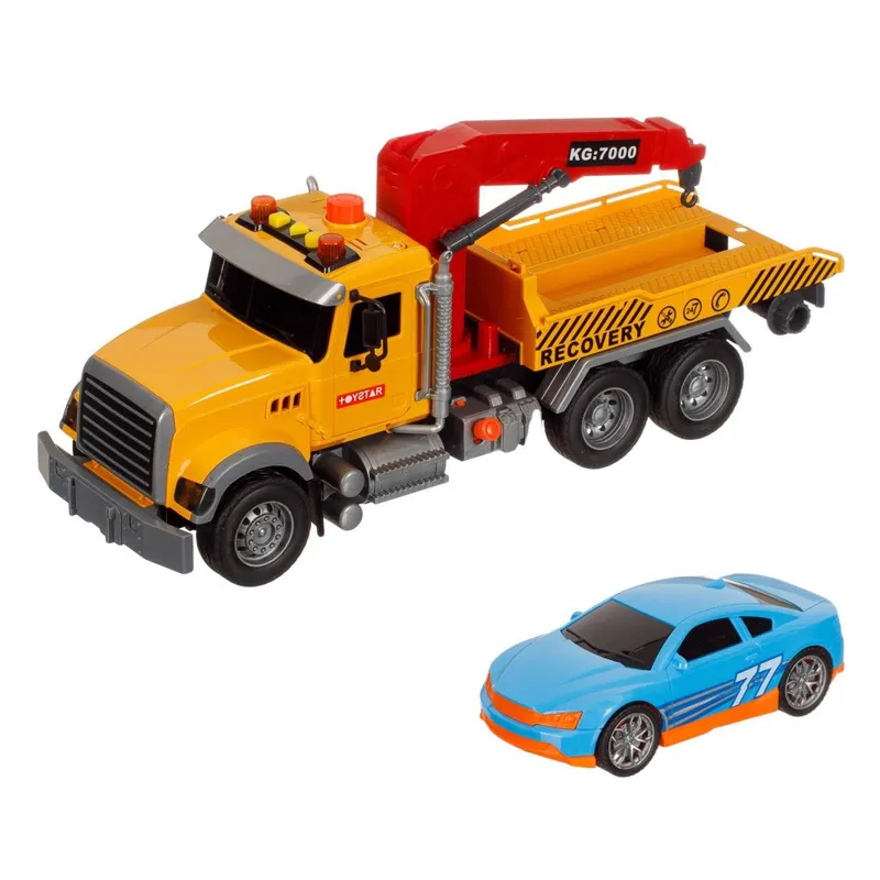 Camion Macara cu Platforma si Masina, Lumini si Sunete, Galben – poza 3