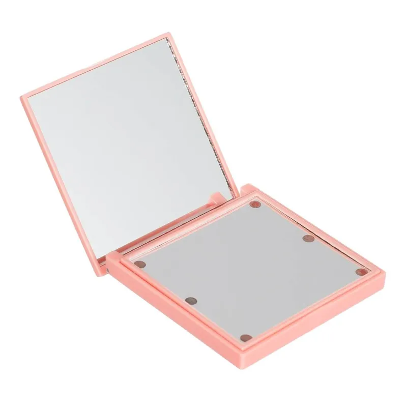 Oglindă de voiaj cu 6 LED-uri, 7x7 cm, Roz