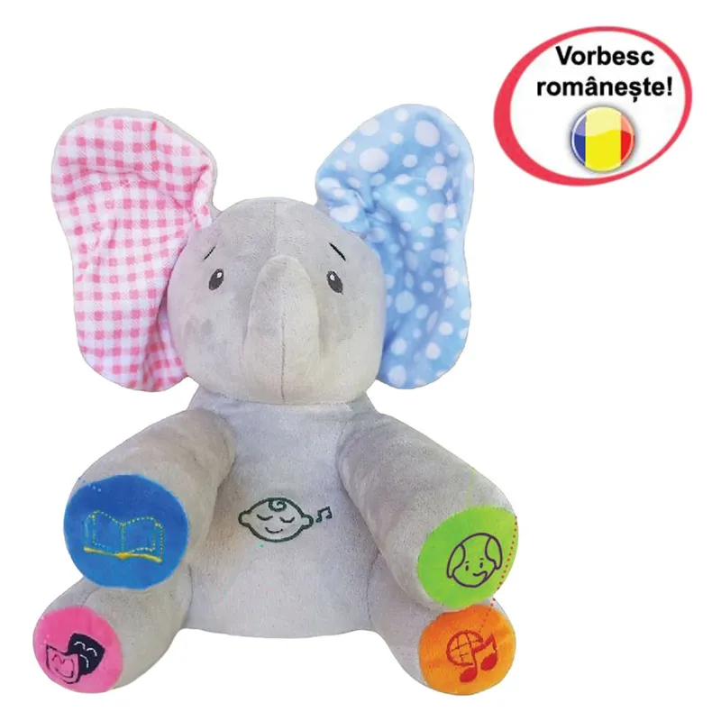 Jucarie educativa interactiva de plus, Elefantelul Cucu-Bau, gri, pentru prescolari