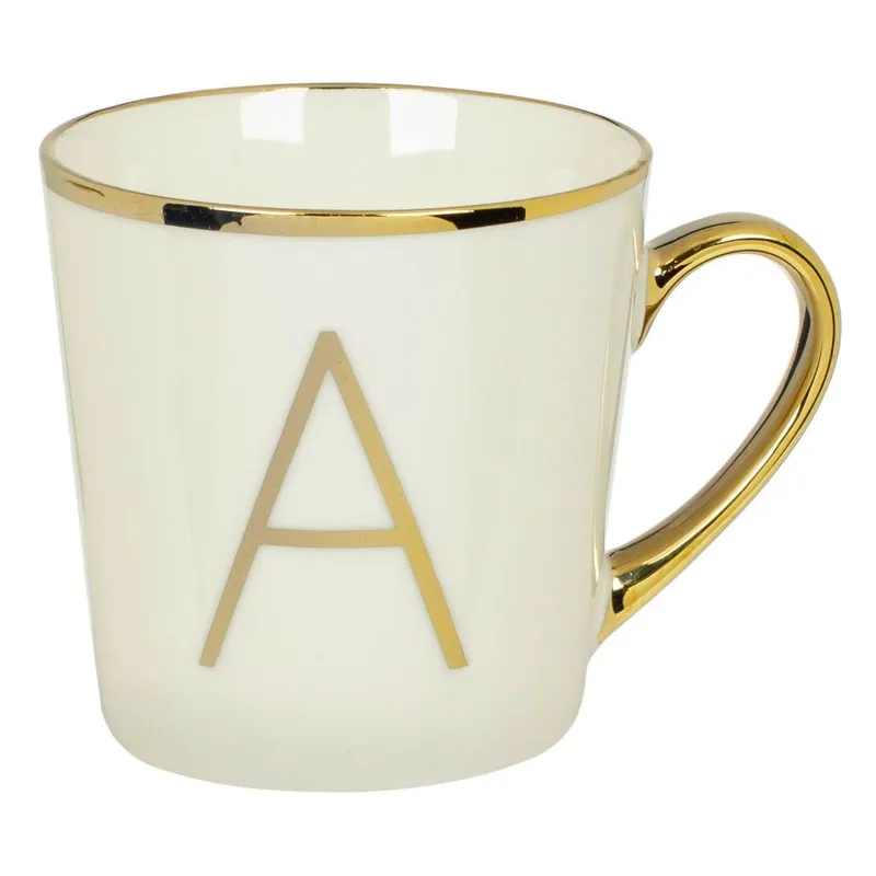 Cana Porcelană Ecru cu Detalii Aurii și Maner Personalizat