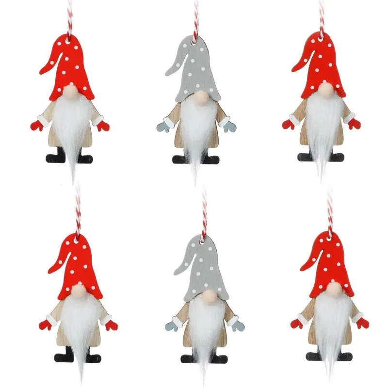 Ornamente de lemn Gnome Set 6 buc, Pălărie Roșie și Gri pentru Decorațiuni de Cr