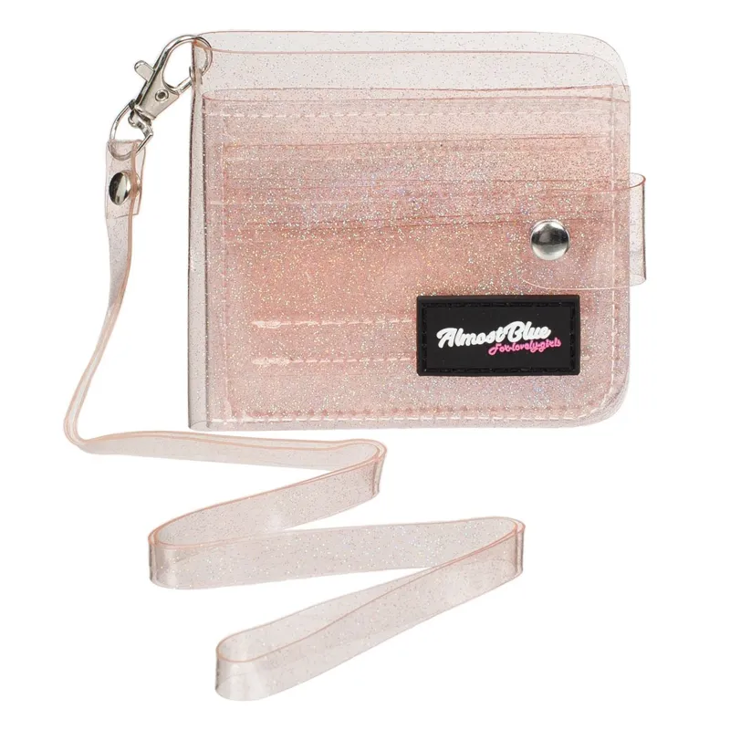 Portofel dama din PU transparent cu glitter holografic si curea, 10.5x10cm