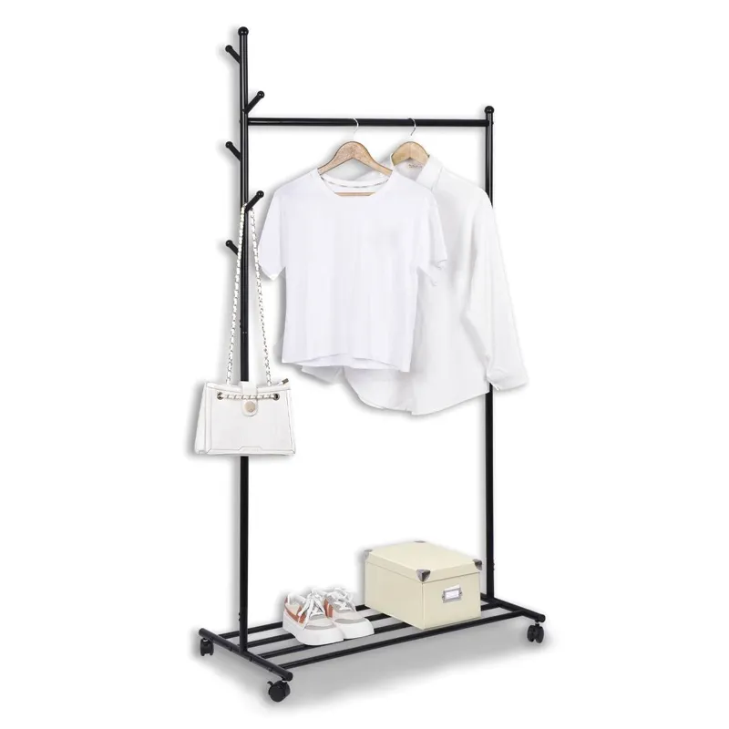 Cuier metalic cu raft si roti, 84x44x170 cm, Negru