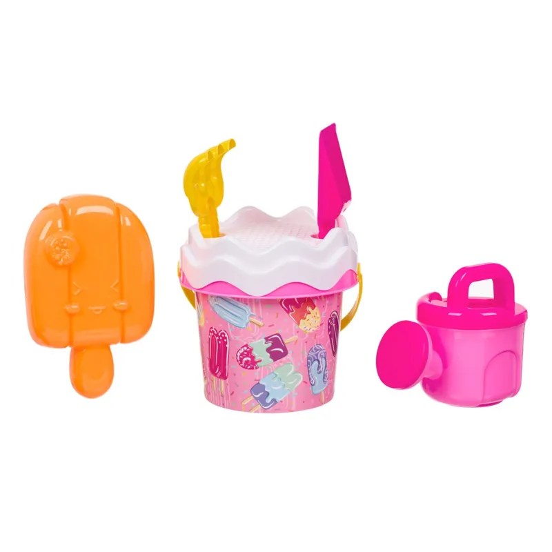 Găleată de plajă cu model înghețată, Set cu 4 accesorii, Roz, Ø14x11cm