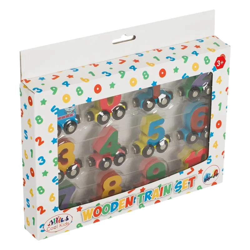 Trenulet din lemn cu 12 vagoane magnetice numerotate, Multicolor