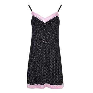 Cămașă de noapte pentru femei, neagră cu imprimeu cu inimi roz, dantelă, one size