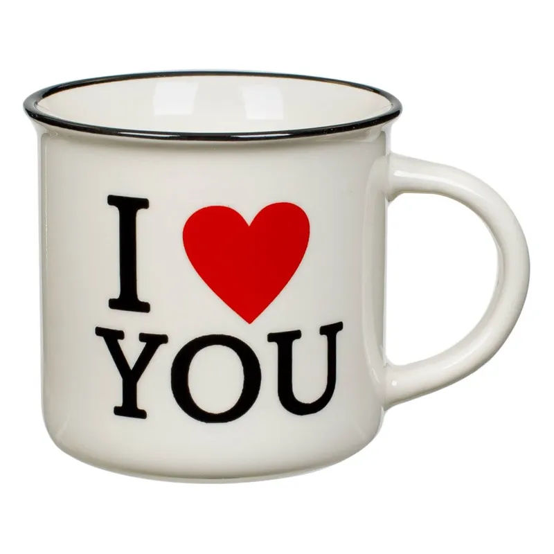 Cană New Bone Ecru cu Margine Neagră și Mesaj I Love You, 370ml