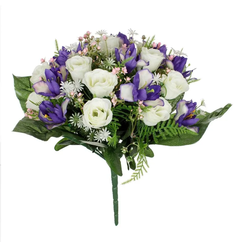 Buchet Flori Artificiale cu Trandafiri Albi și Orhidee Mov, 34 cm