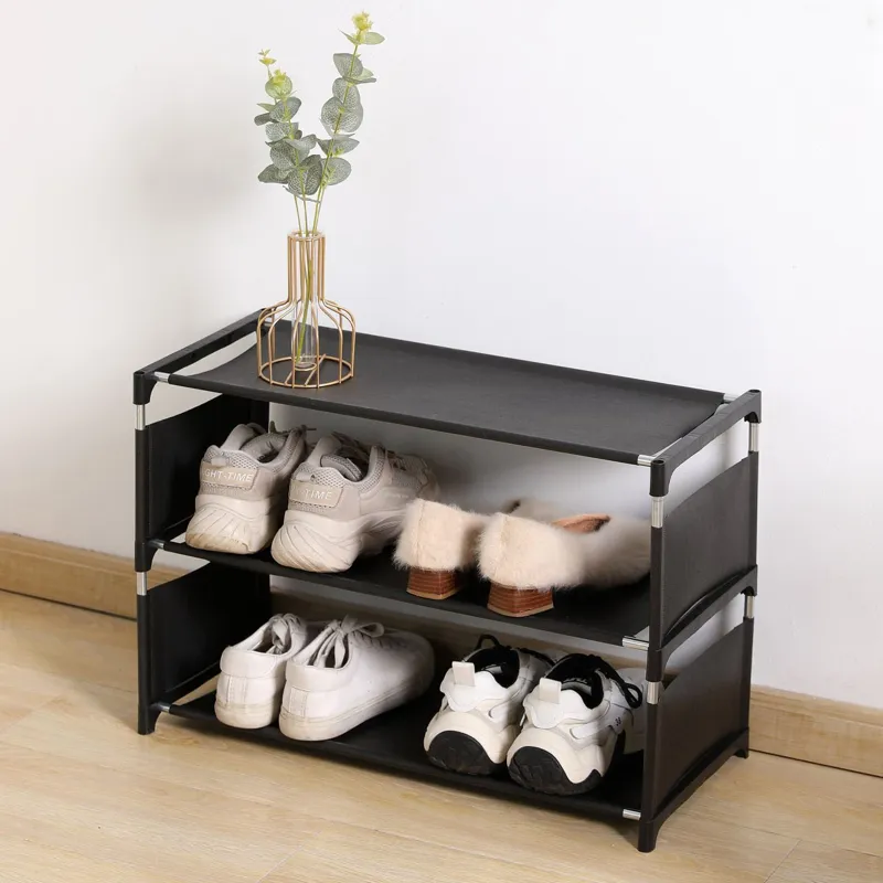 Suport pentru pantofi textil, 3 niveluri, 57x28x34 cm, Negru