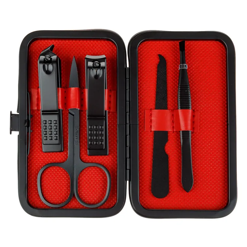 Set Manichiura si Pedichiura, 5 Piese, Negru si Rosu, Otel Inoxidabil
