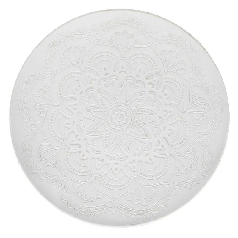 Platou decorativ rotund din lemn alb cu model mandala, Ø40 cm