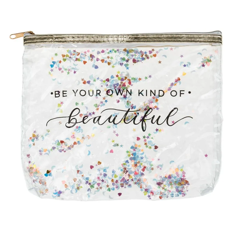 Portfard Transparent cu Confetti Inimi și Stele, 20x17cm, Fermoar Auriu