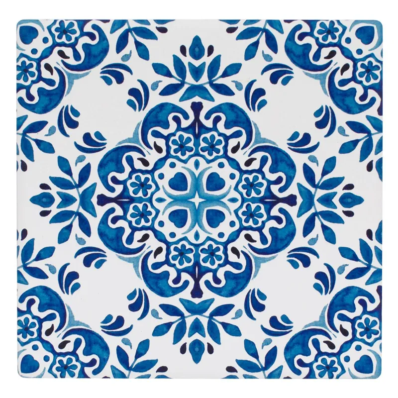 Suport pahare ceramic, Model Tiles, 10x10 cm, Alb și Albastru