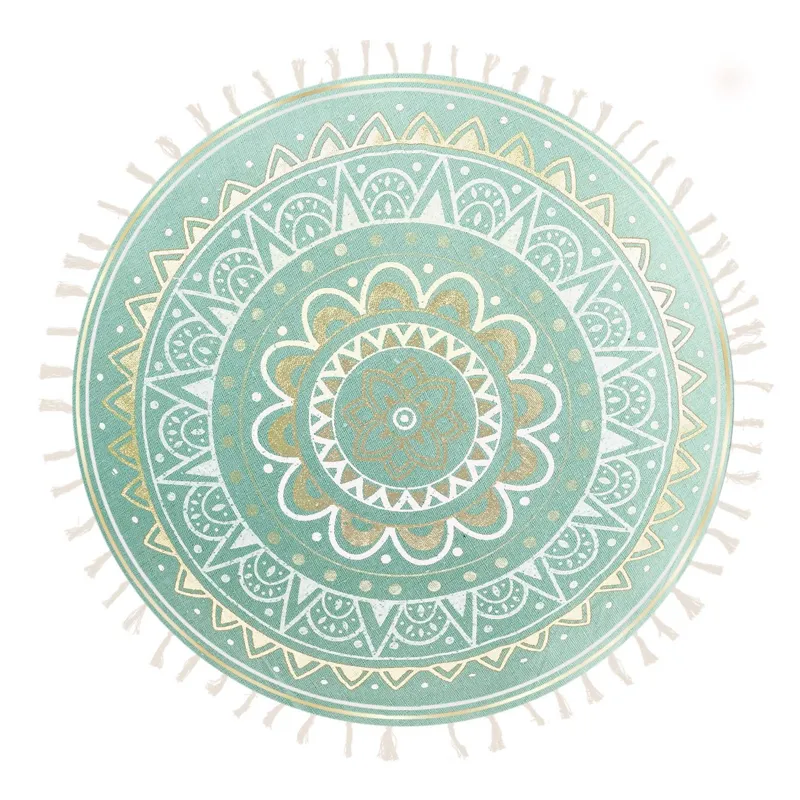 Pernă decorativă rotundă, Verde Menta, Model Mandala, Franjuri Bej, Ø40cm