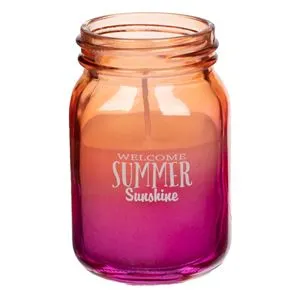 Lumanare decorativa in borcan, Alb cu imprimeu fuchsia, Ø5.4x9cm, 15 ore ardere
