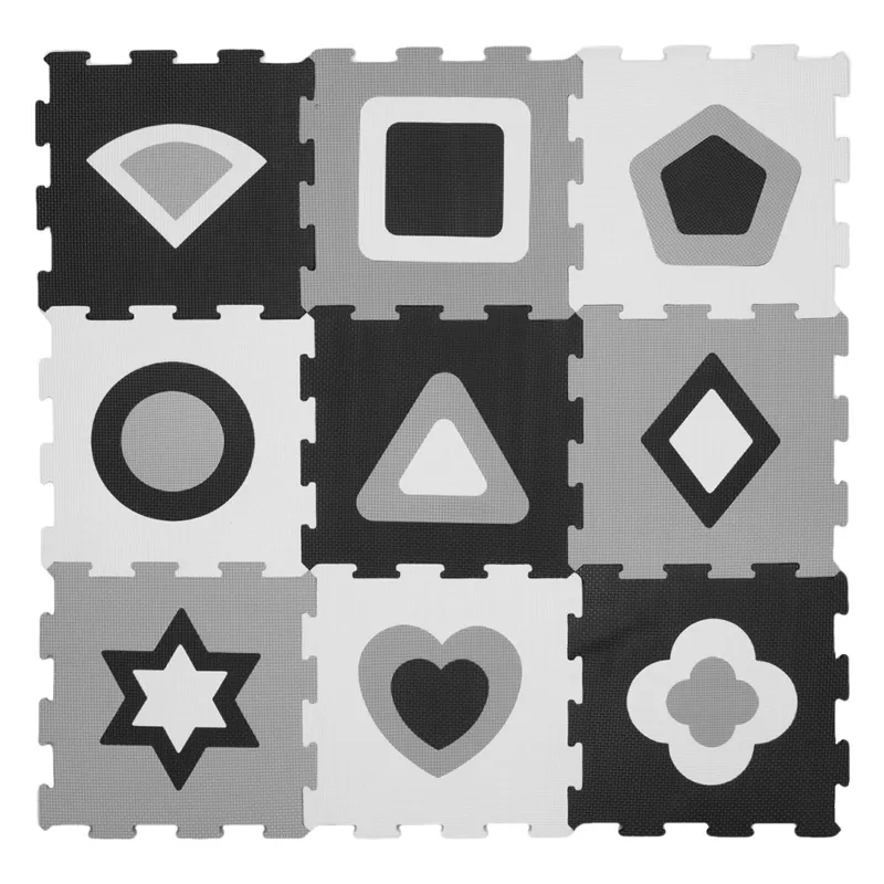Covor Puzzle din Spumă cu Forme Geometrice, 9 Piese, 32x32 cm, Alb și Negru