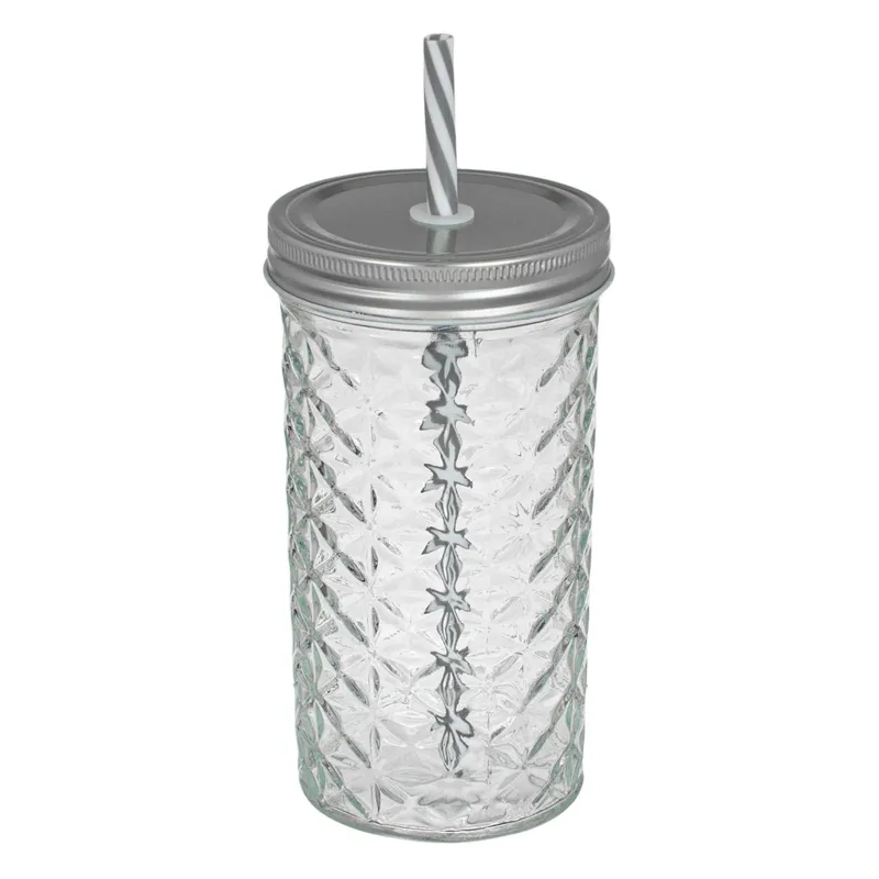 Pahar din Sticlă cu Capac Metalic și Pai, 600 ml, Model Reliefat