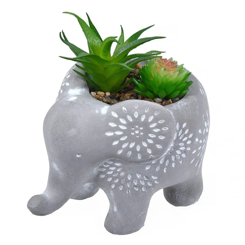 Ghiveci Decorativi în Forma de Elefant cu Plantă Artificială și Pietre Decorativ