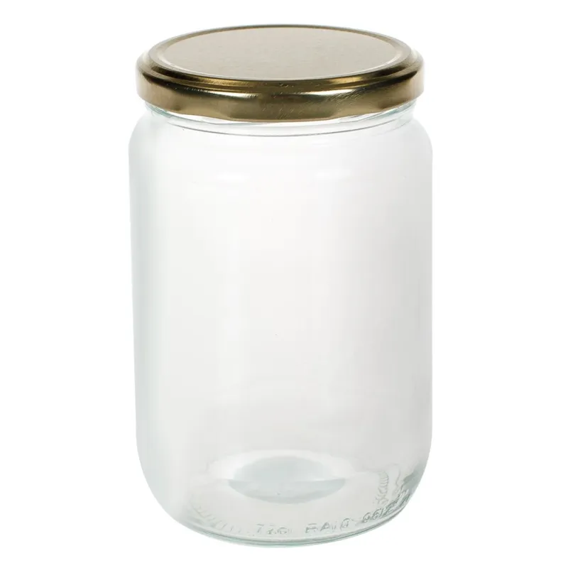 Borcan din sticlă transparent cu capac metalic auriu 660ml