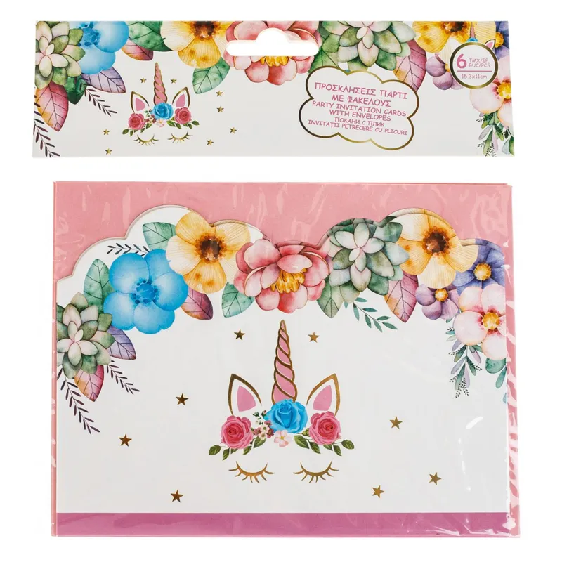 Invitații de petrecere cu unicorn și plicuri, set 6 bucăți, multicolore