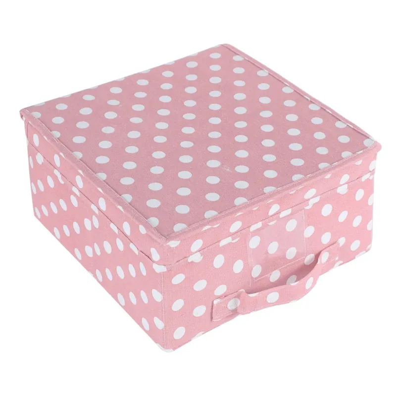 Cutie de depozitare textilă roz cu buline albe, cu capac, 30x30x16 cm