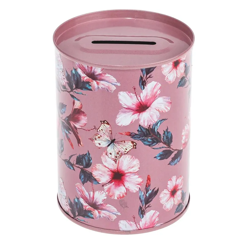 Bank de bani metalic roz cu motiv floral, fără capac