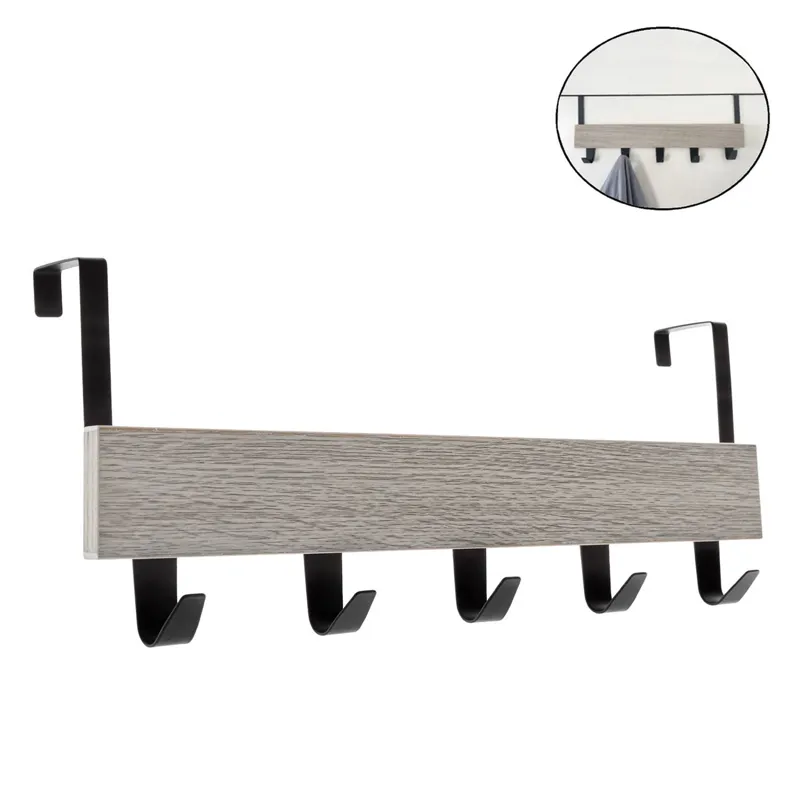 Cuier pentru ușă, Gri, Lemn și Metal, 5 Cârlige, 38x7x16cm