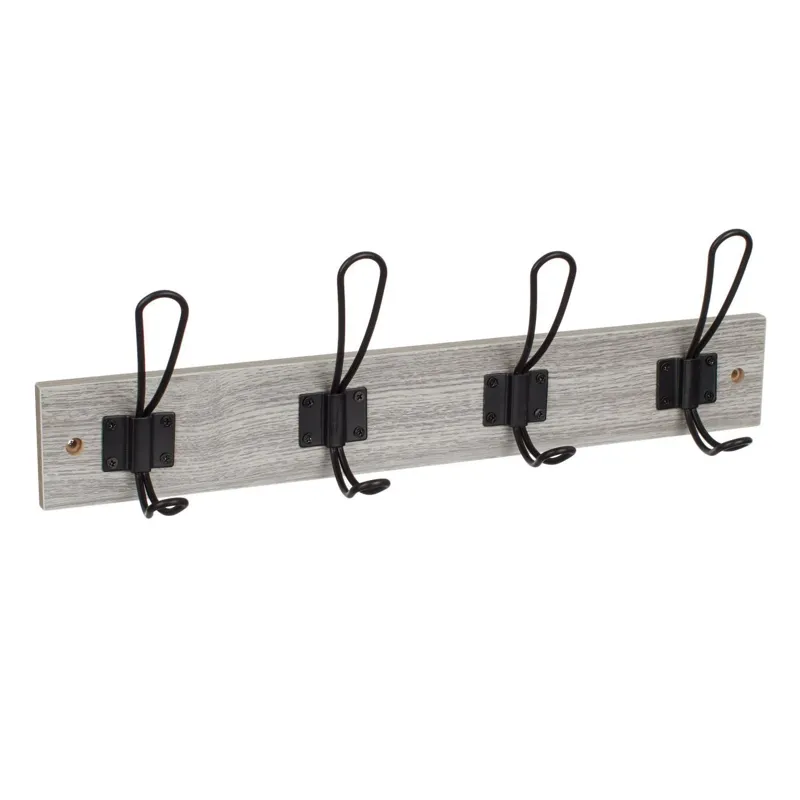 Cuier de perete din lemn, gri, cu 4 carlige metalice duble, 45x7x1.2cm