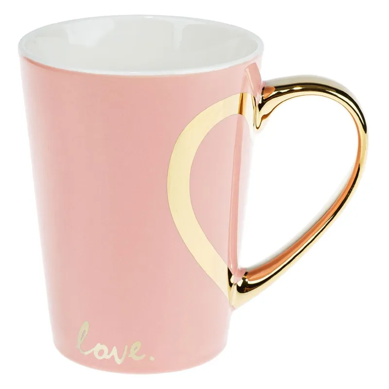 Cana Ceramică Roz cu Maner Inima Aurie și Imprimeu Love