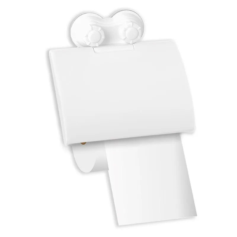 Suport hârtie igienică cu capac și ventuză, alb, plastic, 15.2x16 cm