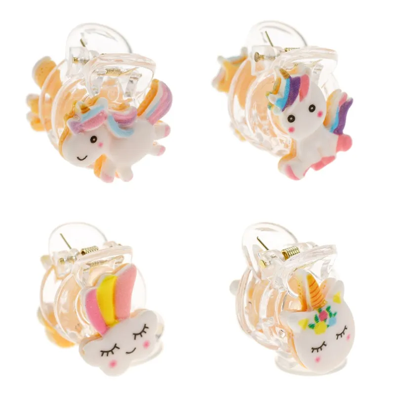 Clame de păr pentru copii, Set 4 buc, Transparent, 2 cm, Design Unicorn