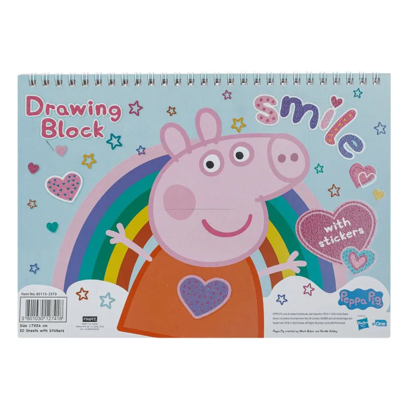 Bloc de desen cu spirala Peppa Pig, 30 file, autocolante incluse