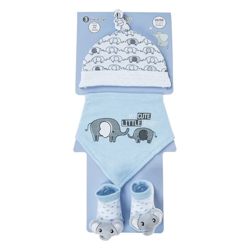 Set Caciulita, Baveta si Sosete cu Model 3D Elefant, Albastru, 0-6 luni