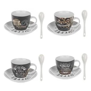 Set 4 Cesti Cafea din Portelan, 180ml, cu Farfurii si Lingurite