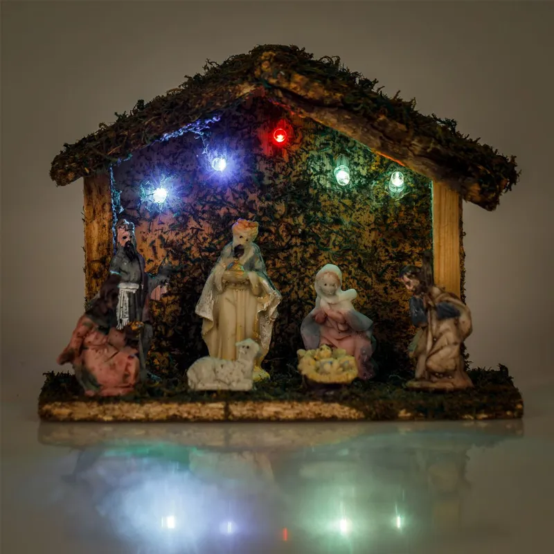 Iesle decorativă de Crăciun cu 7 figurine și 5 becuri LED, 17.5x7.5x13cm, Maro