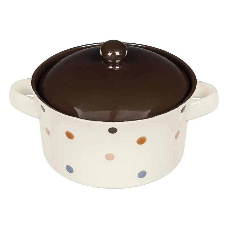 Bol ceramic pentru supă, 650ml, Bej cu buline colorate, cu mânere și capac maro