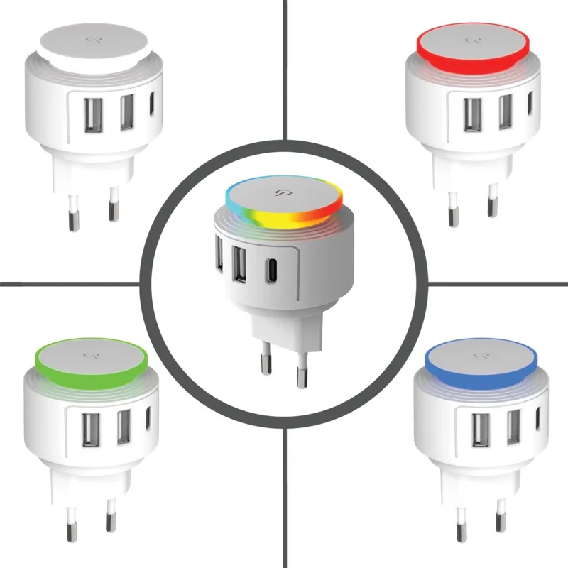 Încărcător cu 2 Porturi USB și Type C cu Lampă LED