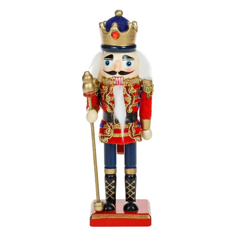 Rege Decorativ de Craciun din Lemn cu Uniforma Catifelata Rosie si Albastra, 20 cm