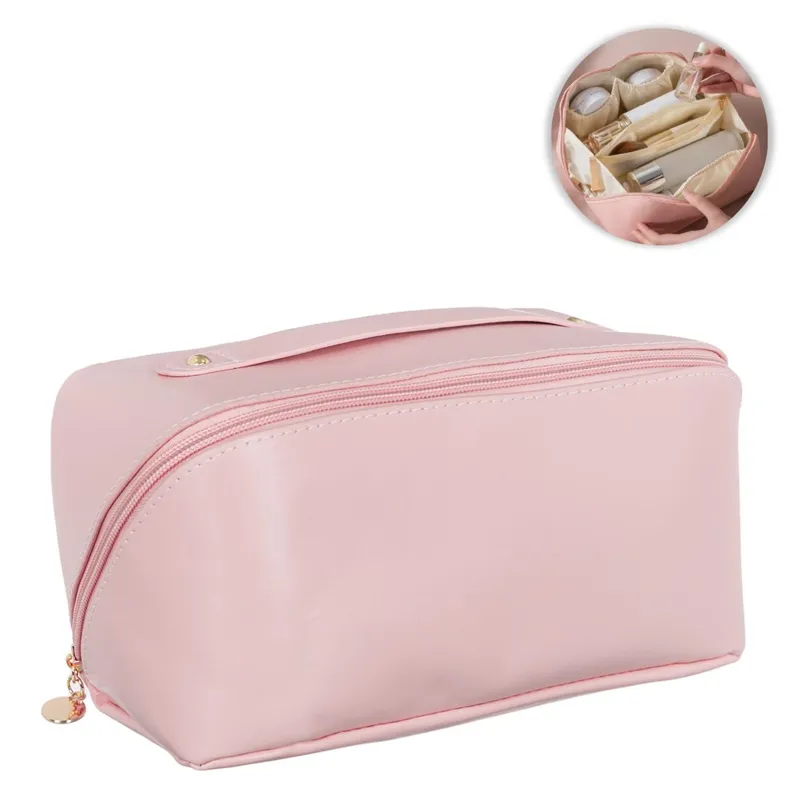 Portfard Roz cu Maner, 2 Compartimente, Fermoar Diagonal, 27x12x12cm