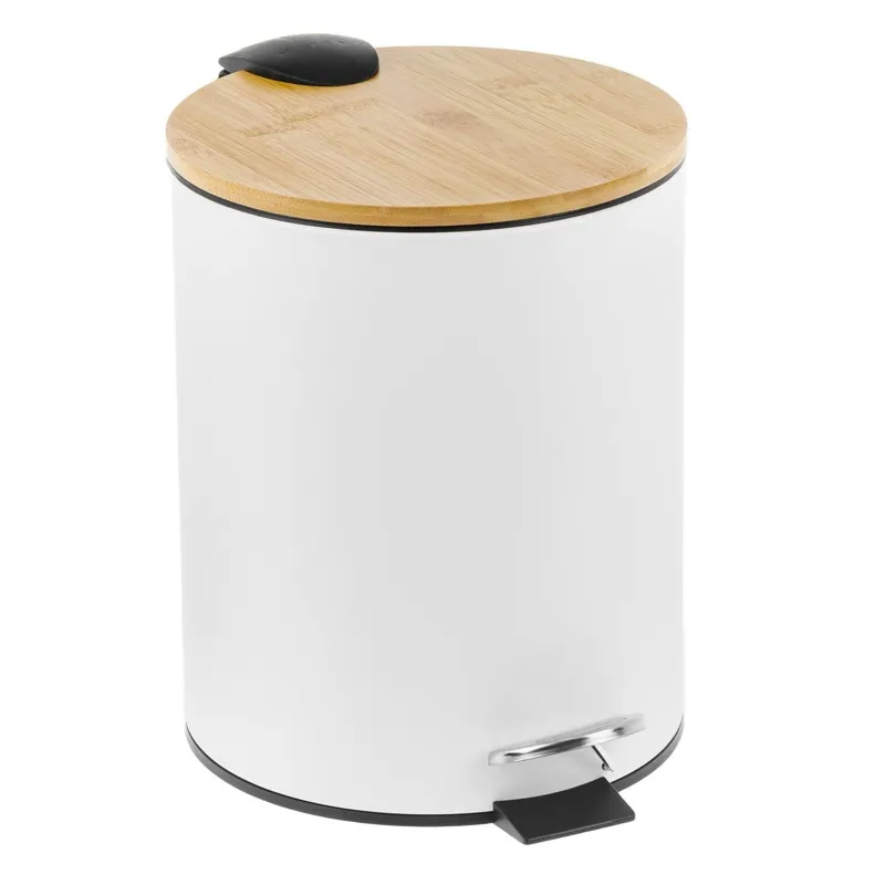 Coș de gunoi metalic cu capac din bambus, 5L, alb mat