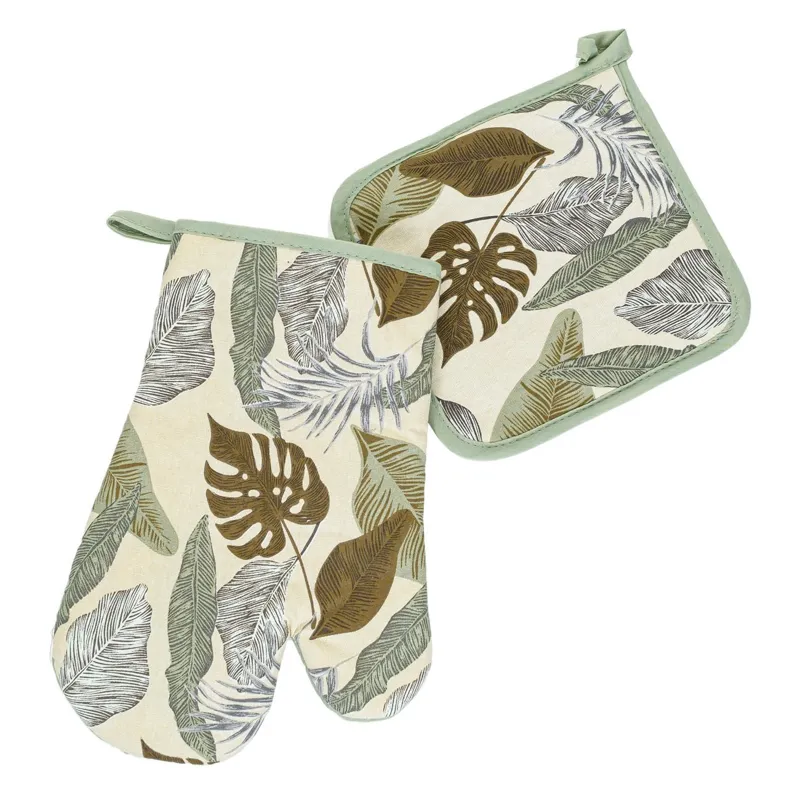 Mănușă și Șervet de Bucătărie Bej cu Model Frunze Tropicale - Set 2 buc