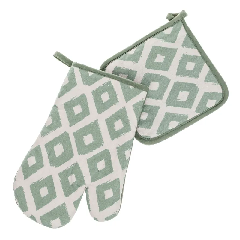 Mănușă și Șervet de Bucătărie, Verde Menta, Model Romburi - Set 2 buc