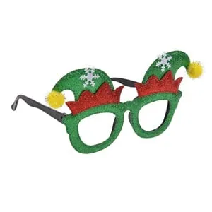 Ochelari deghizare de Craciun cu glitter verde și roșu, stil caciula
