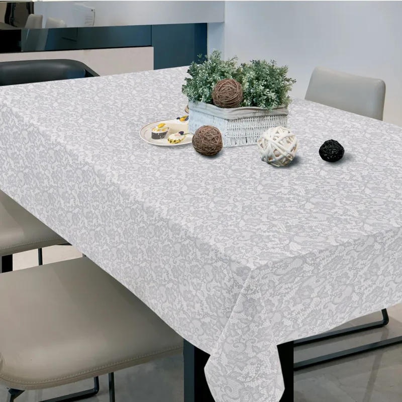 Fata de masa plastifiata, 180x140cm, Alba cu dantela gri