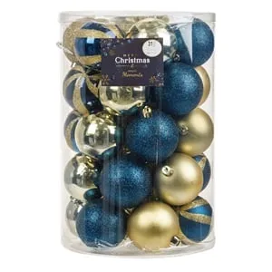 Set Globuri de Craciun Albastre Aurii Mate Stralucitoare cu Glitter