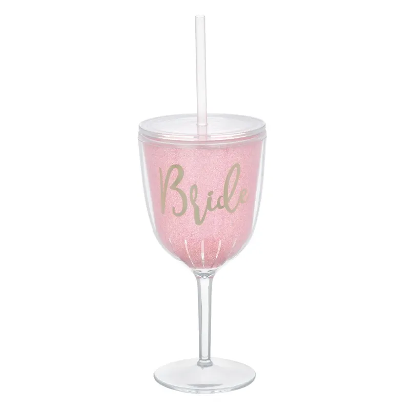 Pahar de vin din plastic cu pai si capac, roz, 400 ml, cu imprimeu auriu "Bride"