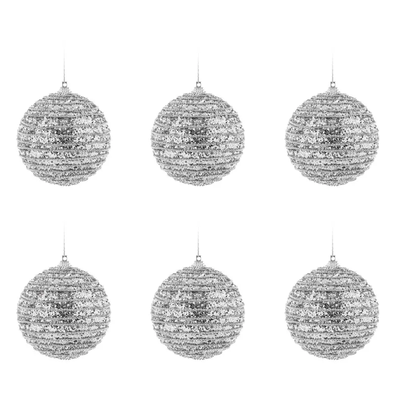 Set Globuri de Crăciun Argintii cu Glitter, Diametru 8 cm, 6 bucăți