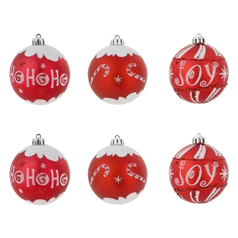 Set Globuri Crăciun Roșii cu Modele Ho Ho Ho și Joy, Plastic